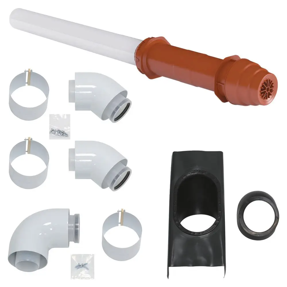Montageset für Luft- und Abgasführung mit mehreren Rohren und Biegungen. Bestandteile in verschiedenen Farben, geeignet für Installationen, Marke Vaillant.